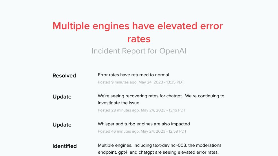 Screenshot of status.openai.com: OpenAI Outage