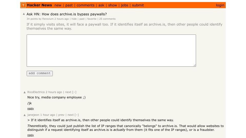 Screenshot of Hacker News post: Ask HN: How does archive.is bypass paywalls?
