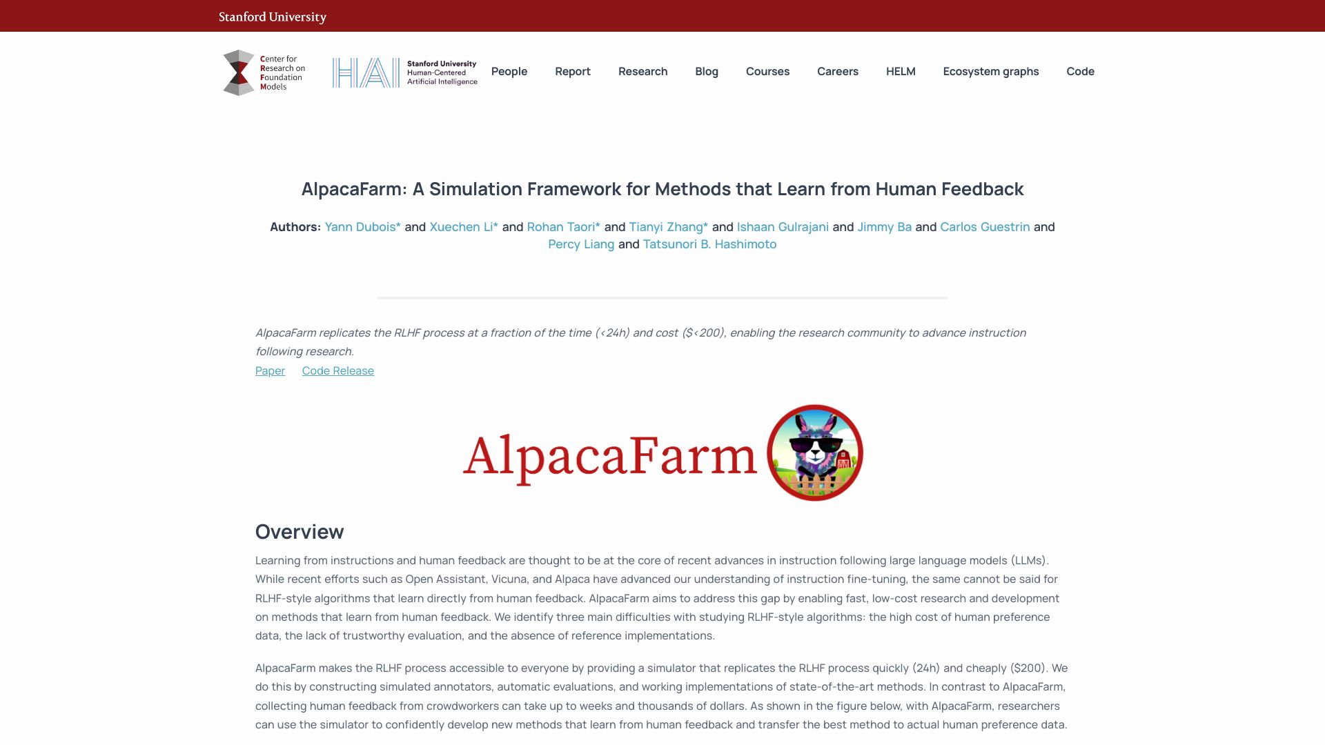 Screenshot of crfm.stanford.edu: Alpaca RLHF-ed to beat ChatGPT
