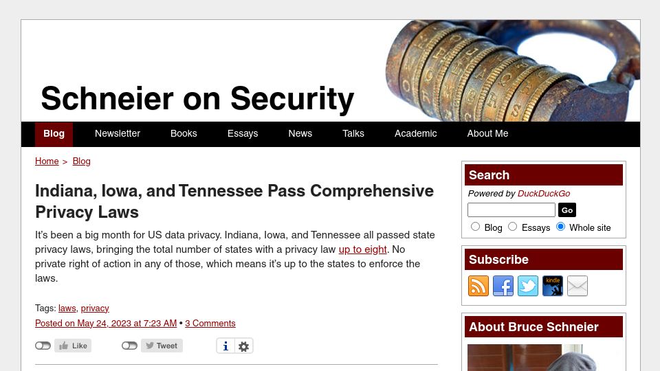 Screenshot of schneier.com: Indiana, Iowa, and Tennessee Pass Comprehensive Privacy Laws