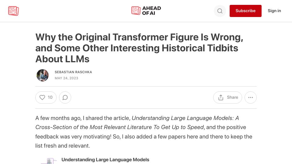 Screenshot of magazine.sebastianraschka.com: Why the original transformer figure is wrong, and some other tidbits about LLMs