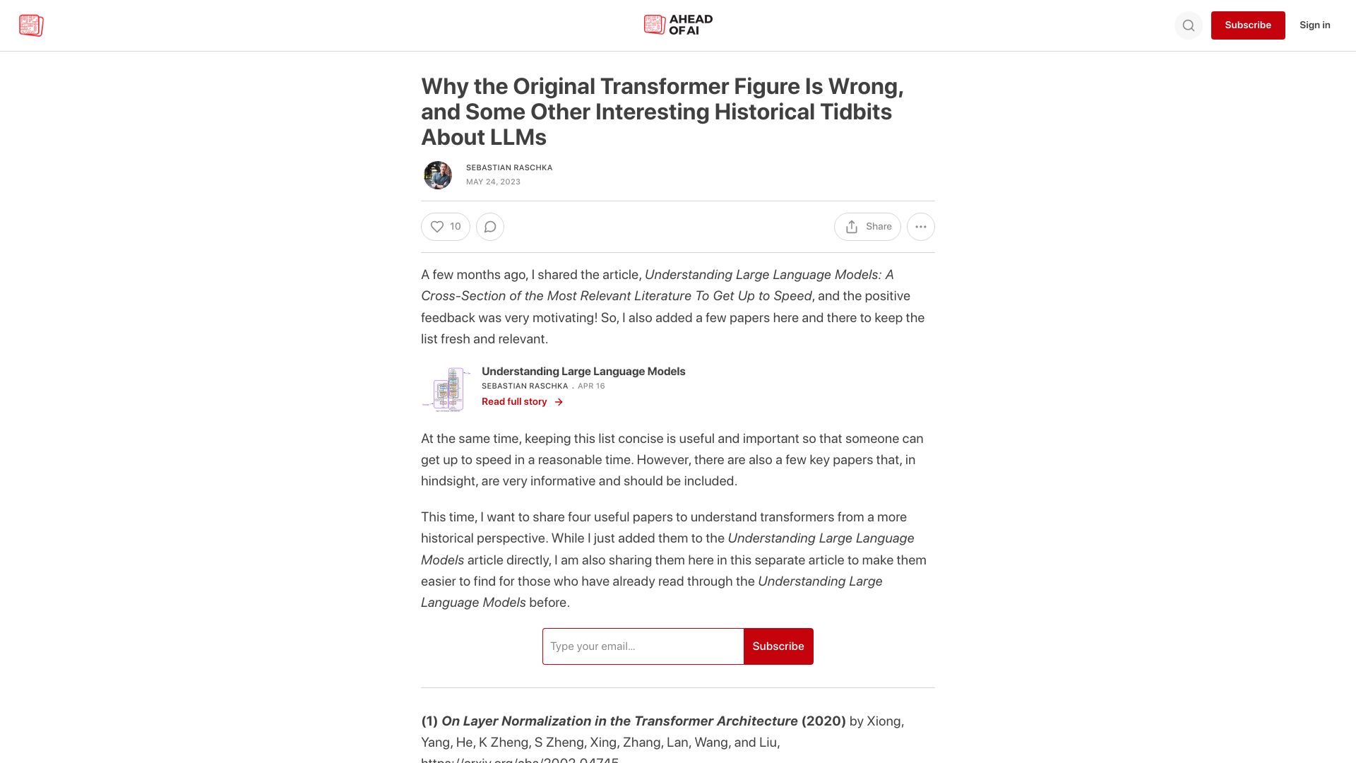 Screenshot of magazine.sebastianraschka.com: Why the original transformer figure is wrong, and some other tidbits about LLMs