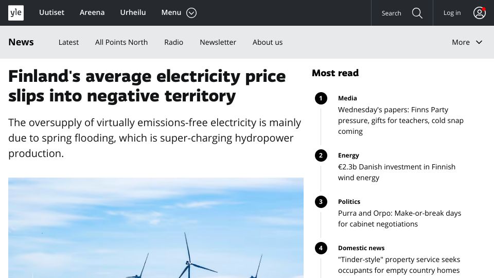 Screenshot of yle.fi: Finland's average electricity price slips into negative territory