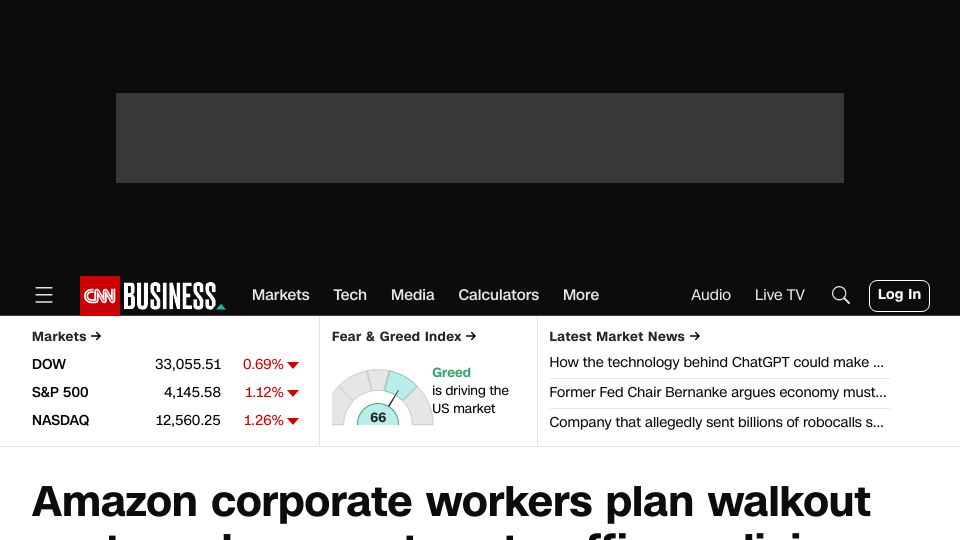 Screenshot of cnn.com: Amazon corporate workers plan walkout next week over return-to-office policies