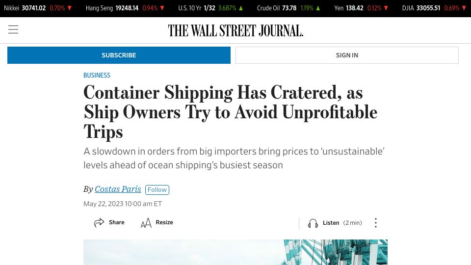 Screenshot of wsj.com: Container shipping has cratered, as ship owners try to avoid unprofitable trips