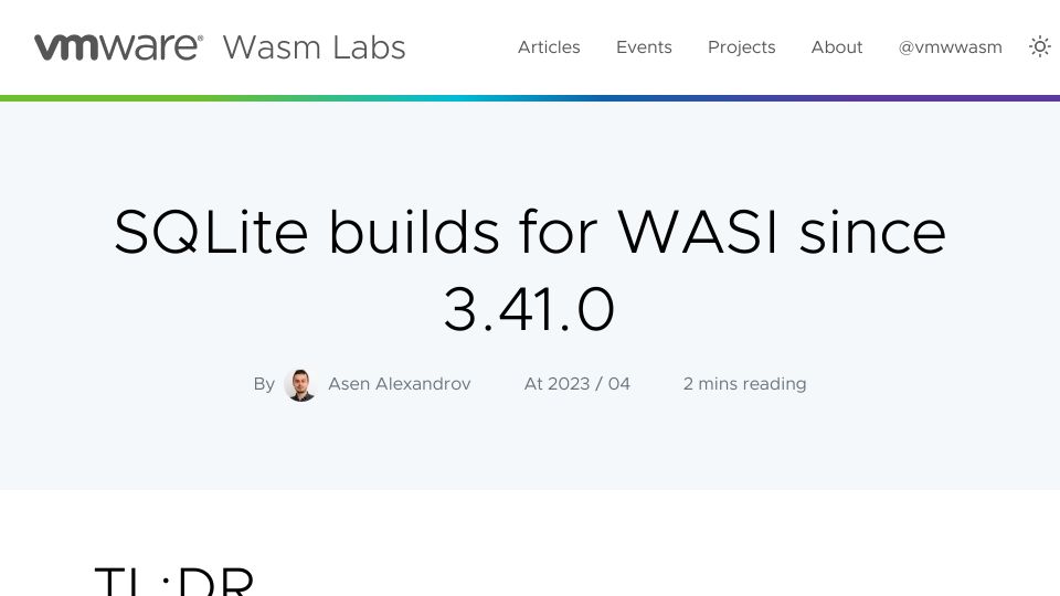 Screenshot of wasmlabs.dev: SQLite builds for WASI since 3.41.0