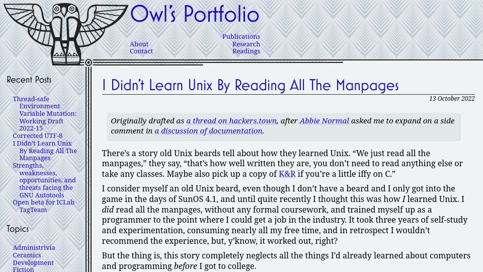 Screenshot of owlfolio.org: I didn’t learn Unix by reading all the manpages (2022)