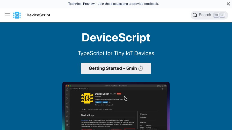 Screenshot of microsoft.github.io: DeviceScript: TypeScript for Tiny IoT Devices