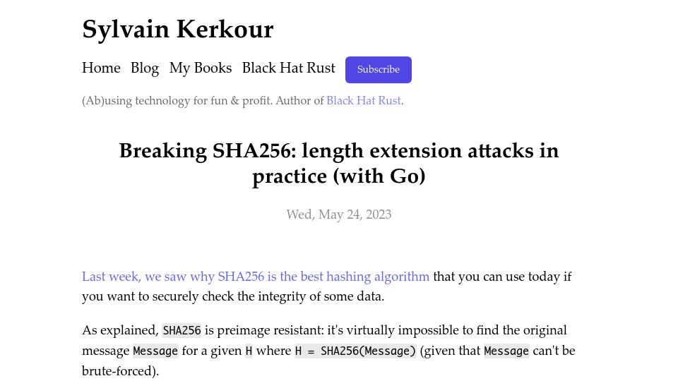 Screenshot of kerkour.com: Breaking SHA256: length extension attacks in practice