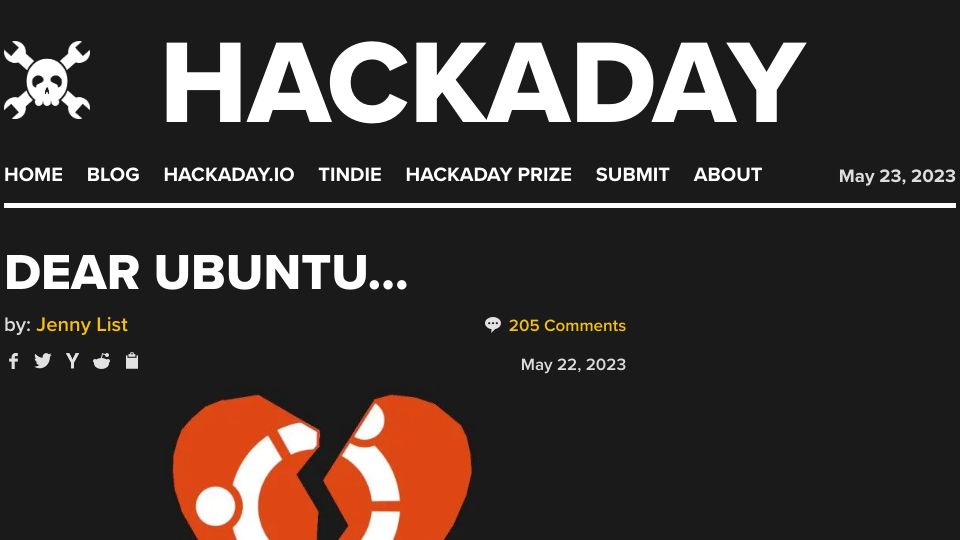 Screenshot of hackaday.com: Dear Ubuntu
