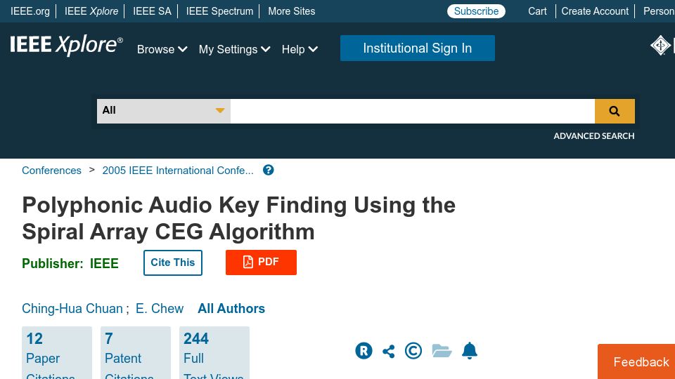 Screenshot of ieeexplore.ieee.org: Polyphonic Audio Key Finding Using the Spiral Array CEG Algorithm (2005)