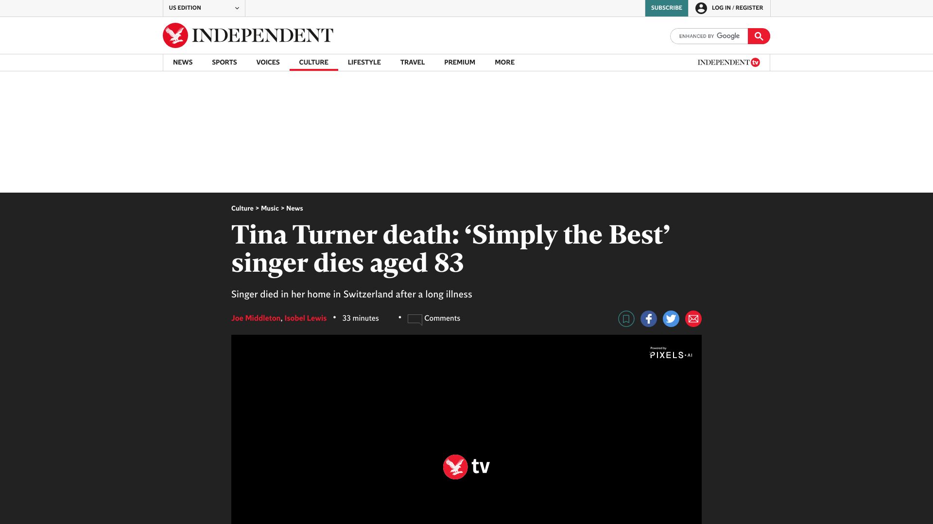 Screenshot of independent.co.uk: Tina Turner has died