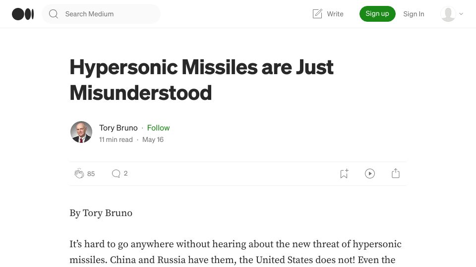 Screenshot of medium.com: Hypersonic missiles are misunderstood