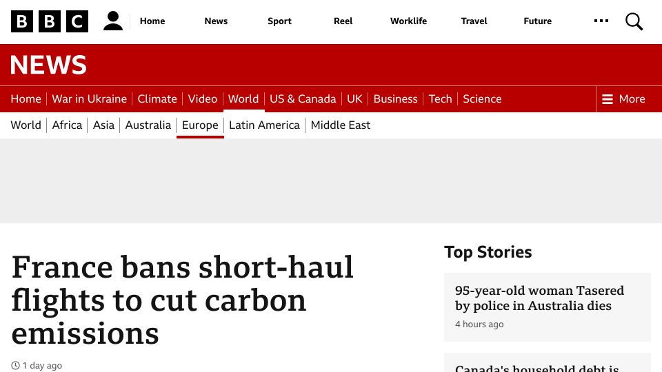 Screenshot of bbc.co.uk: France bans short-haul flights to cut carbon emissions