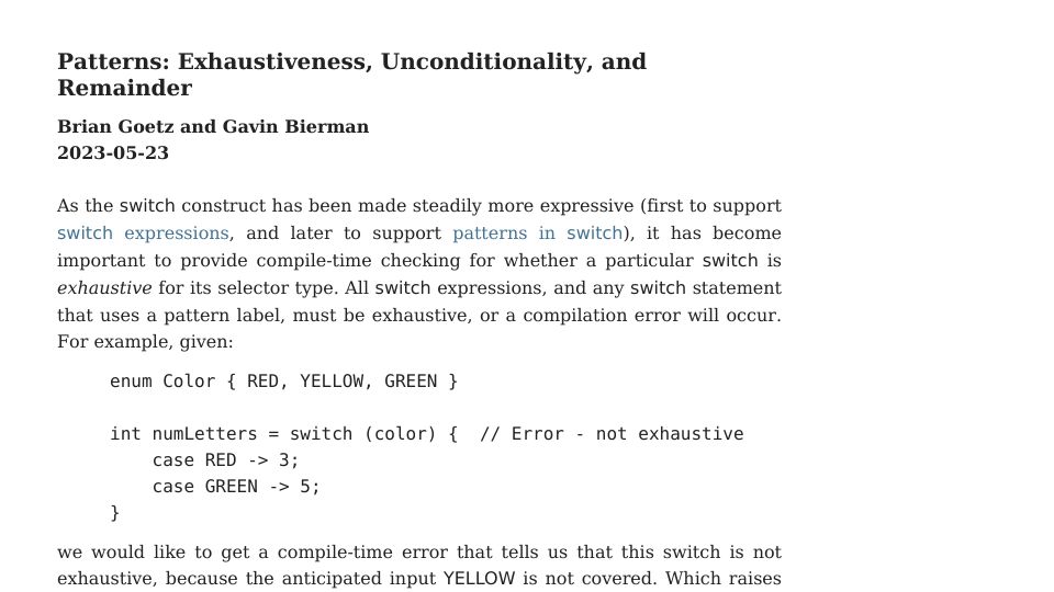 Screenshot of openjdk.org: Patterns: Exhaustiveness, Unconditionality, and Remainder