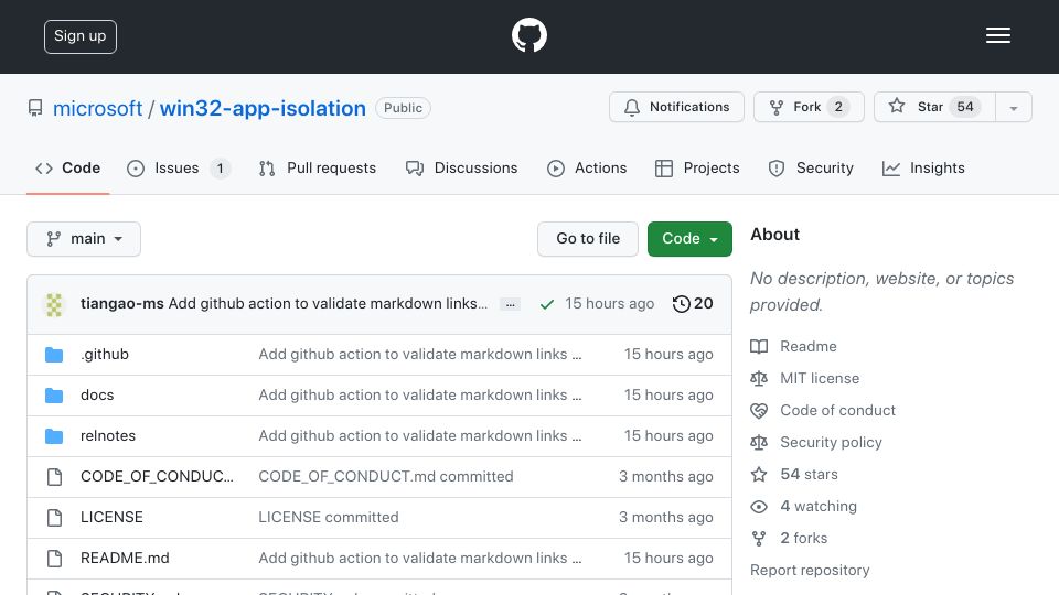 Screenshot of github.com: Win32 App Isolation
