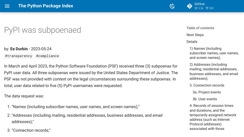 Screenshot of blog.pypi.org: PyPI Was Subpoenaed