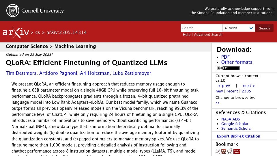 Screenshot of arxiv.org: QLoRA: Efficient Finetuning of Quantized LLMs