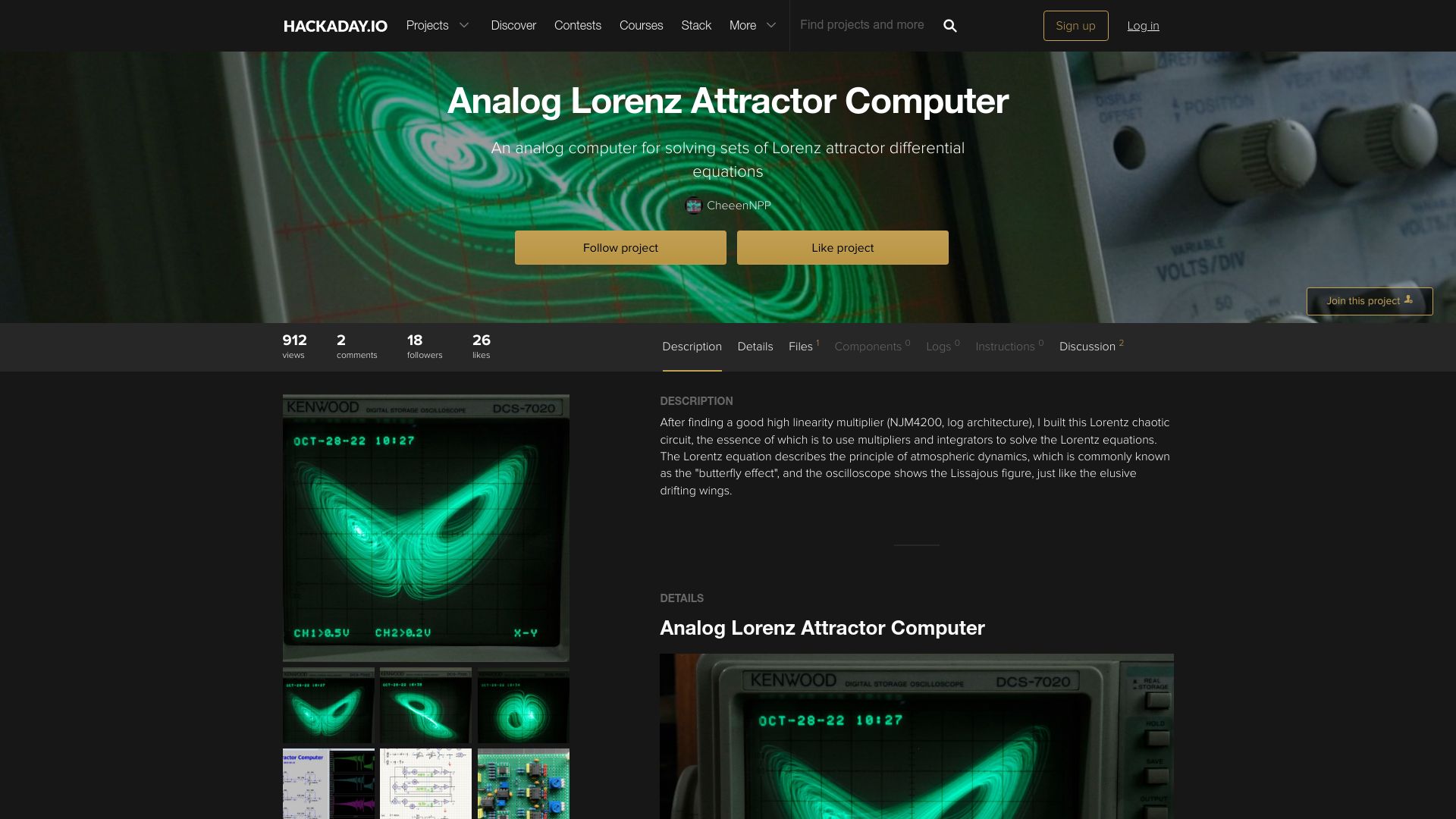 Screenshot of hackaday.io: Analog Lorenz Attractor Computer.io