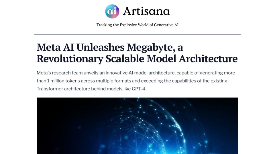 Screenshot of artisana.ai: Meta AI Unleashes Megabyte, a Scalable Model Architecture