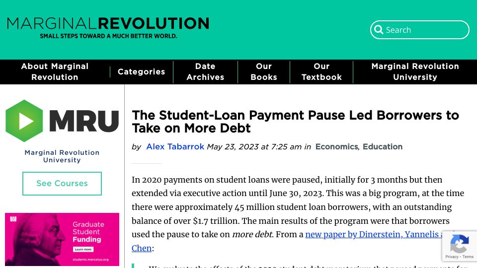 Screenshot of marginalrevolution.com: A Student-Loan Payment Pause Led Borrowers to Take on More Debt