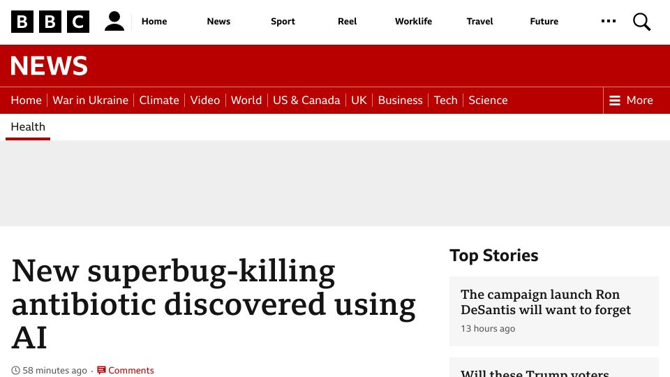 Screenshot of bbc.com: New superbug-killing antibiotic discovered using AI