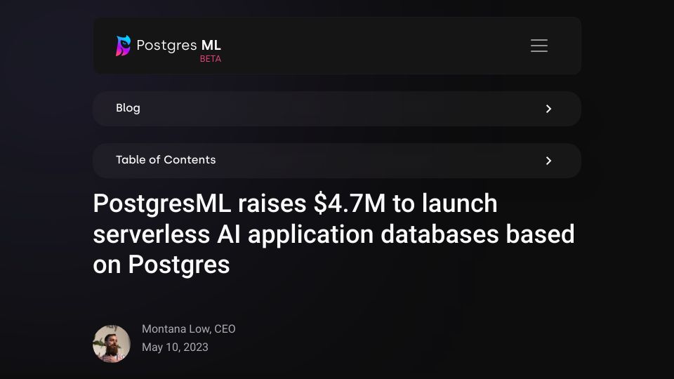 Screenshot of postgresml.org: PostgresML raises $4.7M to launch serverless AI app databases based on Postgres