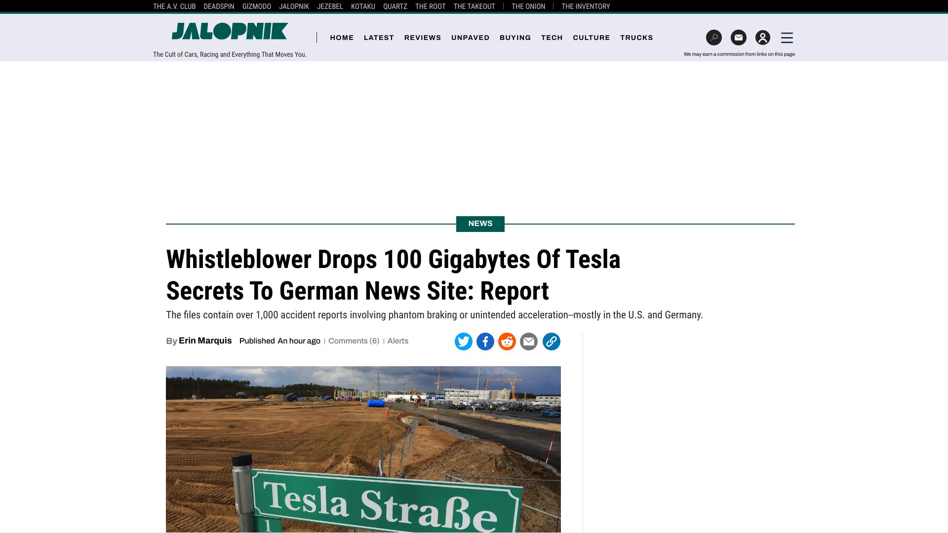 Screenshot of jalopnik.com: Whistleblower drops 100 GB of Tesla secrets to German news site