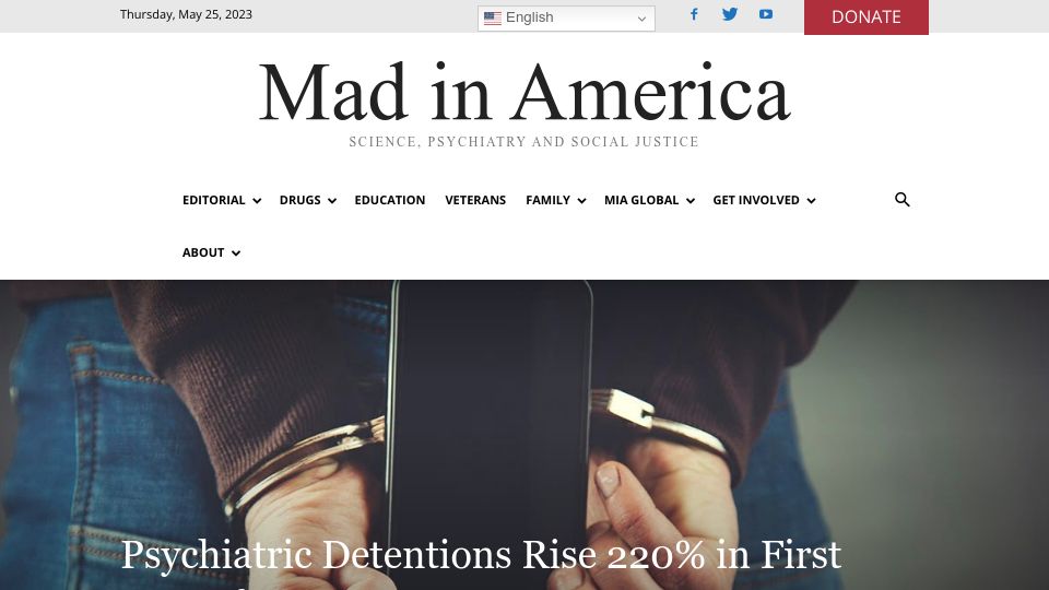 Screenshot of madinamerica.com: Psychiatric detentions rise in first year of 988 hotline
