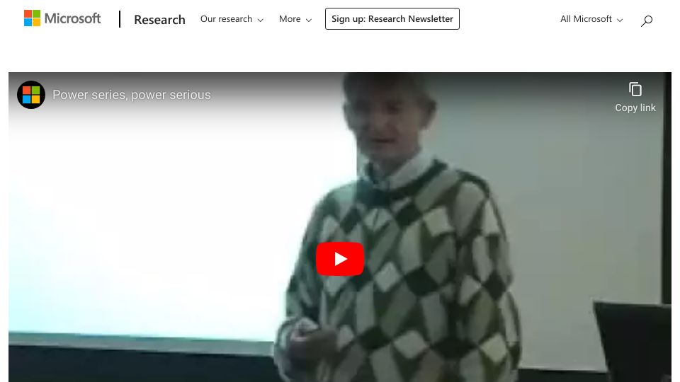 Screenshot of microsoft.com: Power series, power serious: Talk by Doug McIlroy (2007) [video]