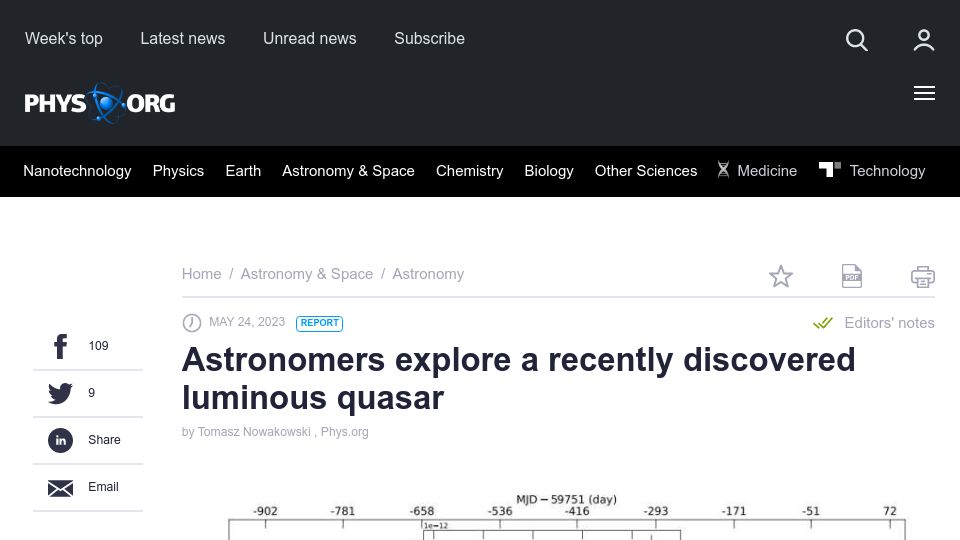 Screenshot of phys.org: Astronomers explore a recently discovered luminous quasar