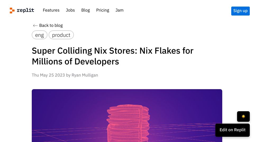 Screenshot of blog.replit.com: Super Colliding Nix Stores: Nix Flakes for Millions of Developers