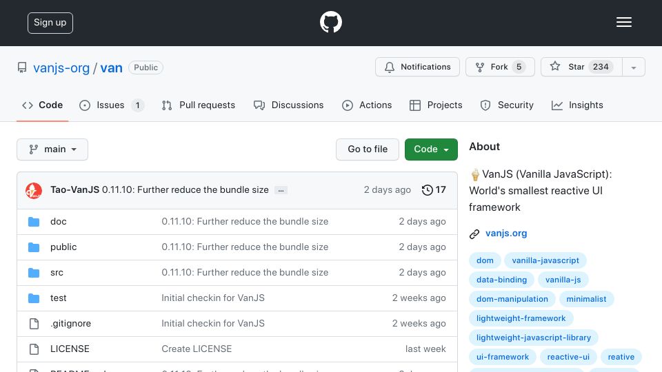 Screenshot of github.com: VanJS (Vanilla JavaScript): smallest reactive UI framework