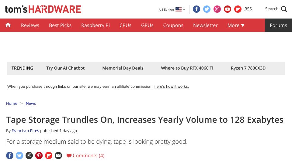 Screenshot of tomshardware.com: Tape Storage Trundles On, Increases Yearly Volume to 128 Exabytes