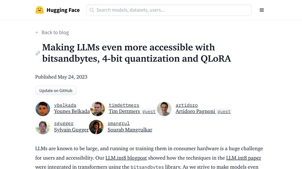 Screenshot of huggingface.co: 4-Bit Quantization and QLoRA