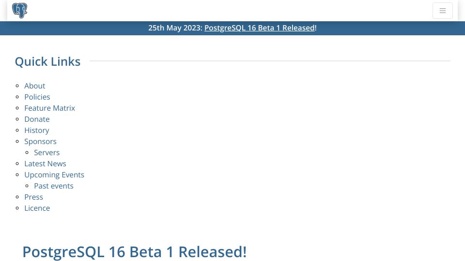 Screenshot of postgresql.org: PostgreSQL 16 Beta 1