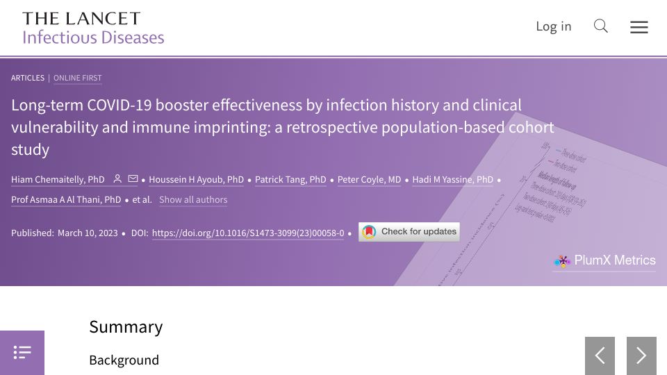 Screenshot of thelancet.com: Long-term Covid-19 booster effectiveness: a population-based cohort study