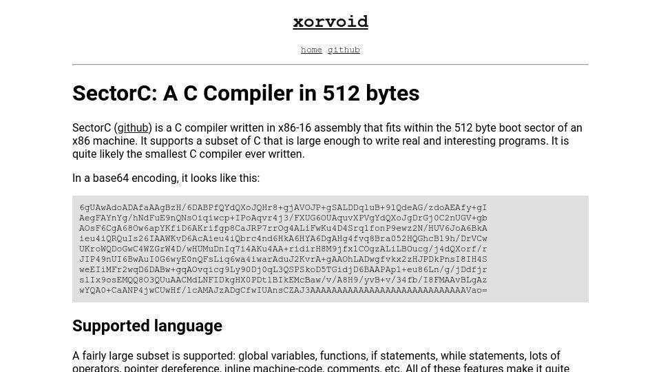 Screenshot of xorvoid.com: SectorC: A C Compiler in 512 bytes