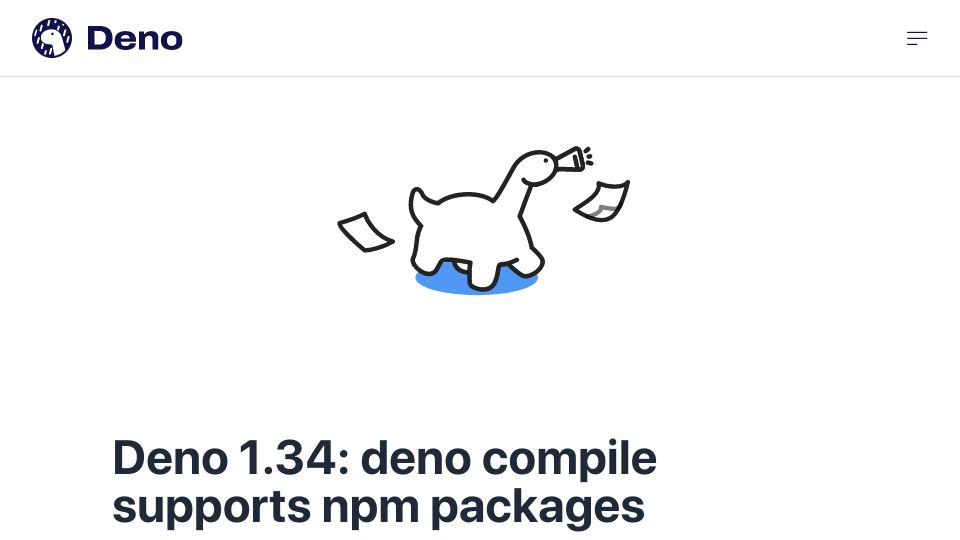 Screenshot of deno.com: Deno 1.34: Deno compile supports NPM packages