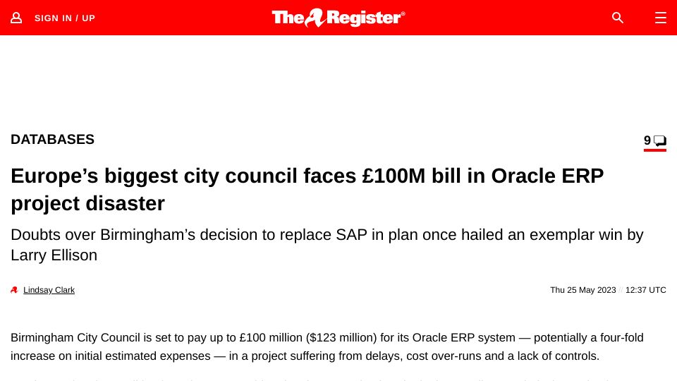 Screenshot of theregister.com: Europe’s biggest city council faces £100M bill in Oracle ERP project disaster