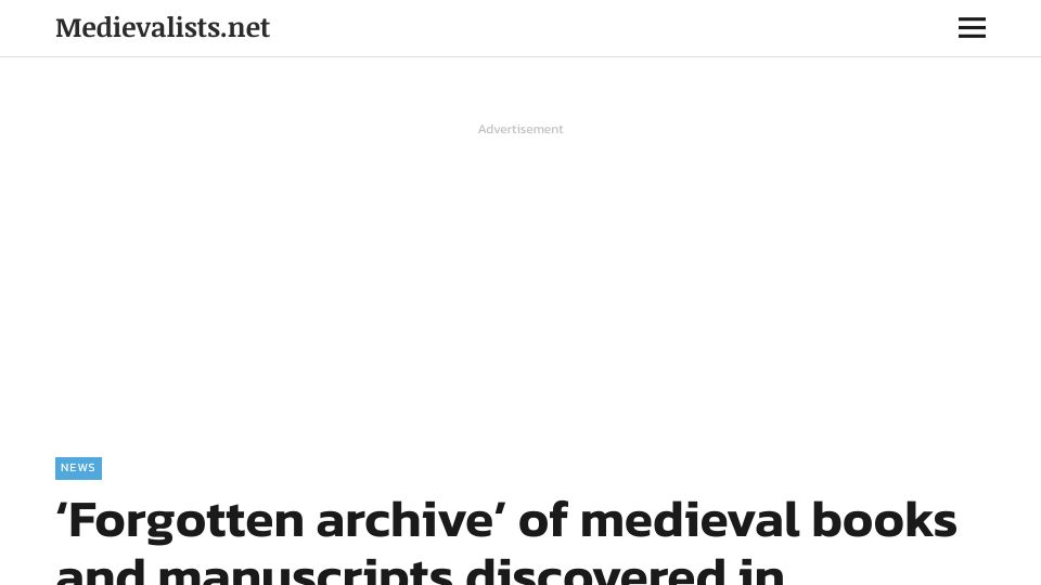 Screenshot of medievalists.net: Archive of medieval books and manuscripts discovered in Romanian church