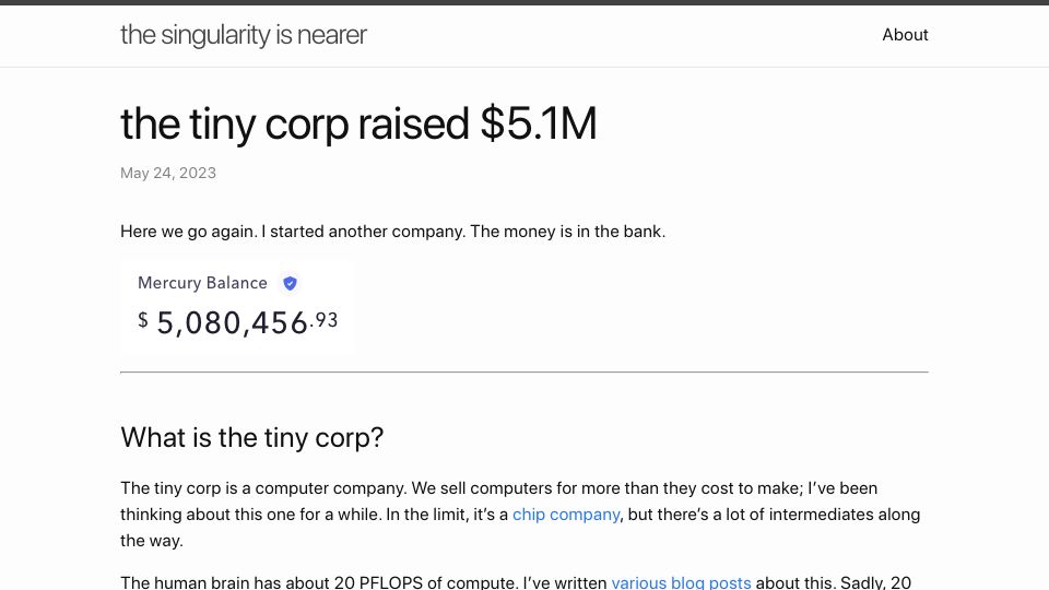 Screenshot of geohot.github.io: The tiny corp raised $5.1M