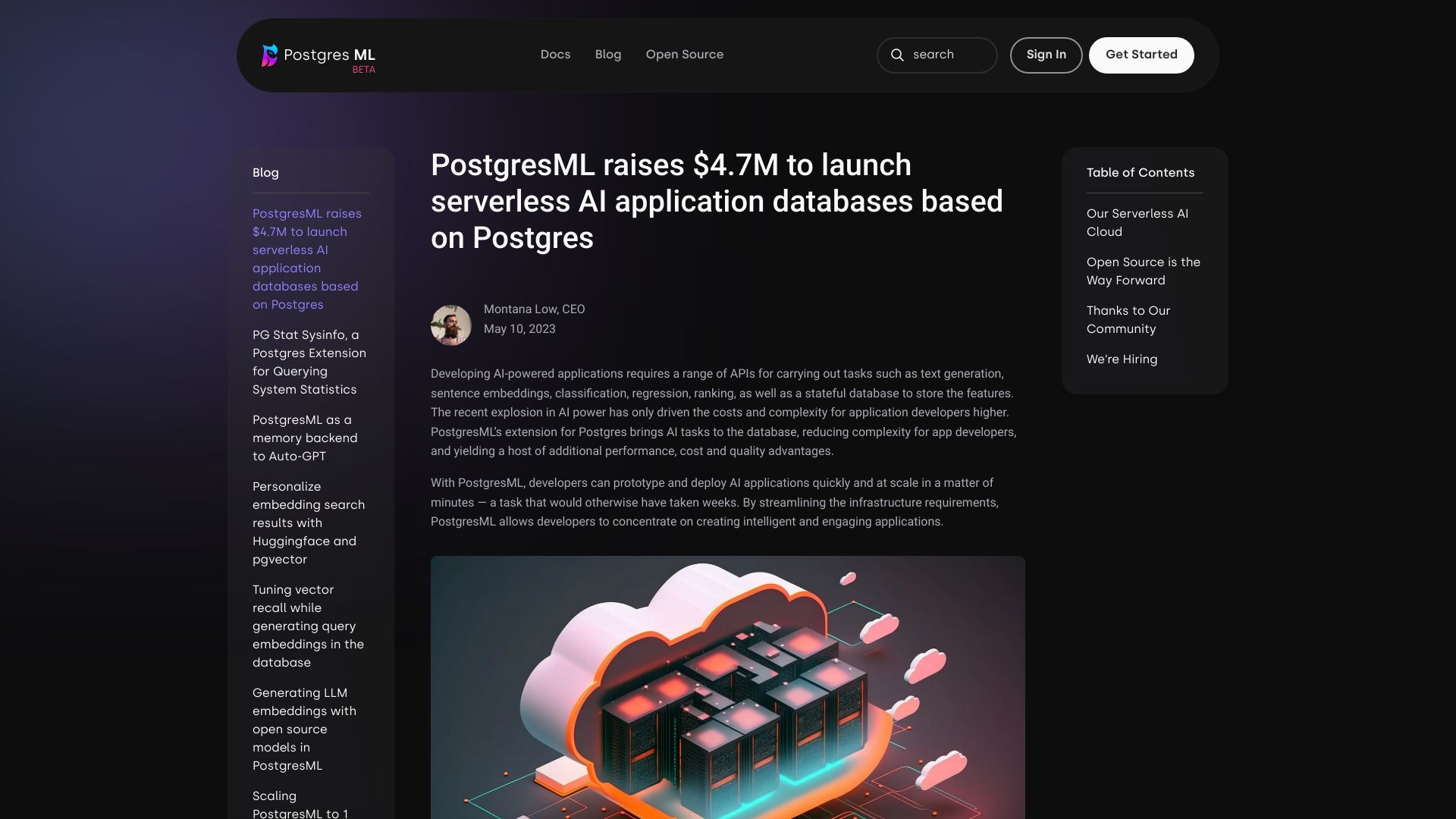 Screenshot of postgresml.org: PostgresML raises $4.7M to launch serverless AI app databases based on Postgres