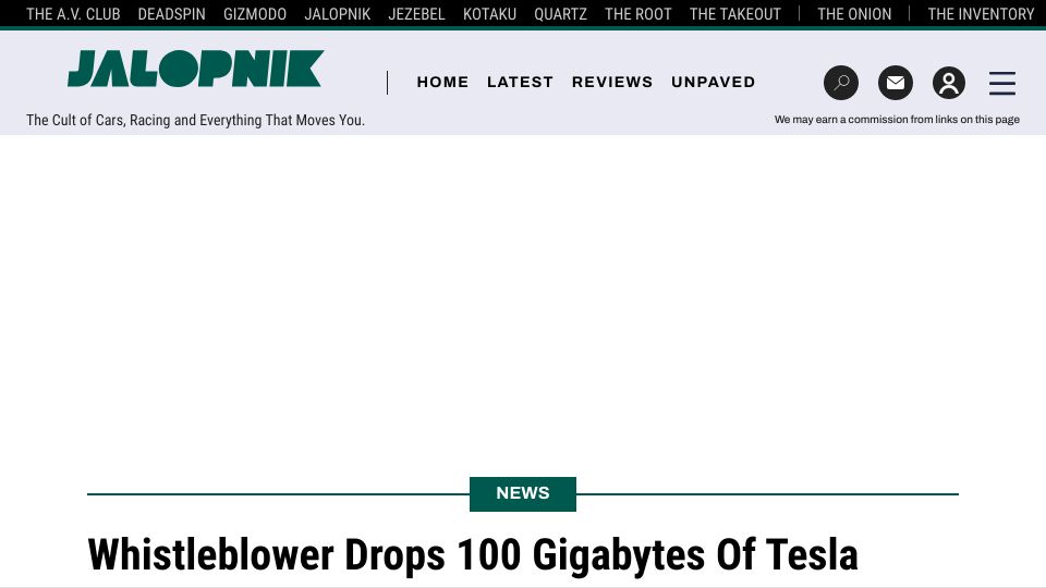 Screenshot of jalopnik.com: Whistleblower drops 100 GB of Tesla secrets to German news site