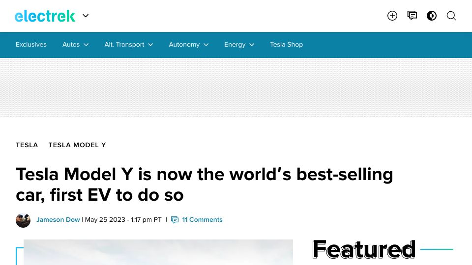 Screenshot of electrek.co: Tesla Model Y is now the world's best-selling car, first EV to do so