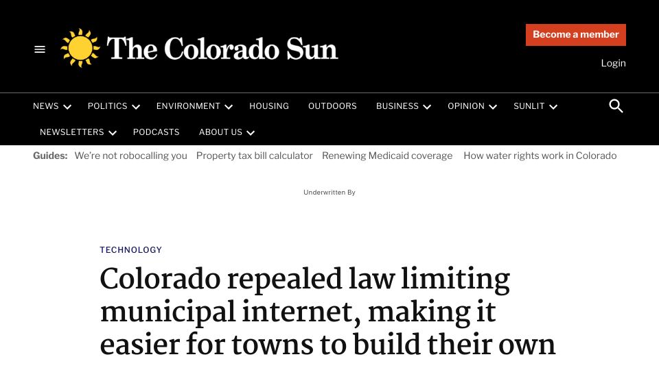 Screenshot of coloradosun.com: Colorado repealed law limiting municipal internet