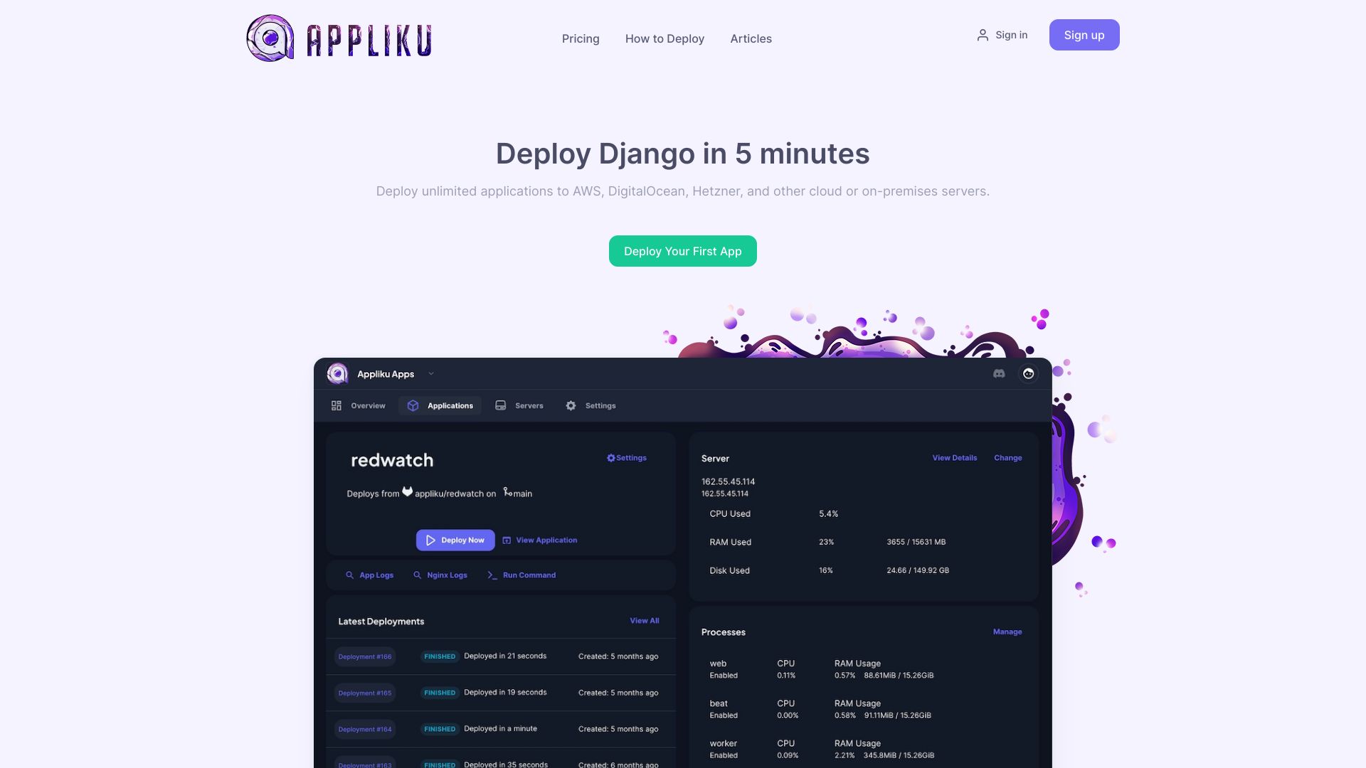 Screenshot of appliku.com: Show HN: Appliku – Deployment PaaS for Python/Django