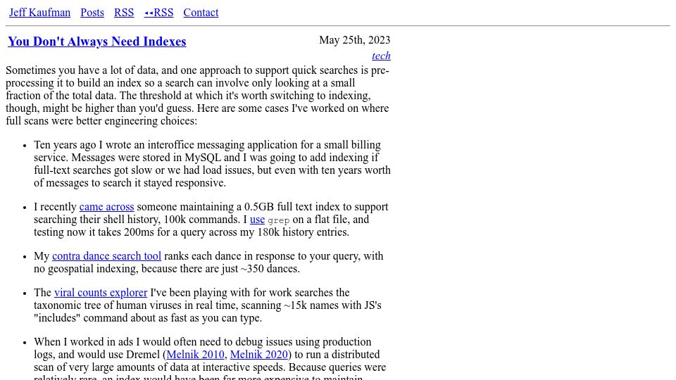 Screenshot of jefftk.com: Cases where full scans are better than indexes
