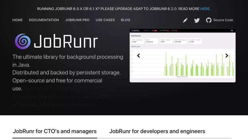 Screenshot of jobrunr.io: JobRunr: A library for background processing in Java