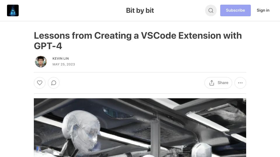 Screenshot of bit.kevinslin.com: Lessons from Creating a VSCode Extension with GPT-4